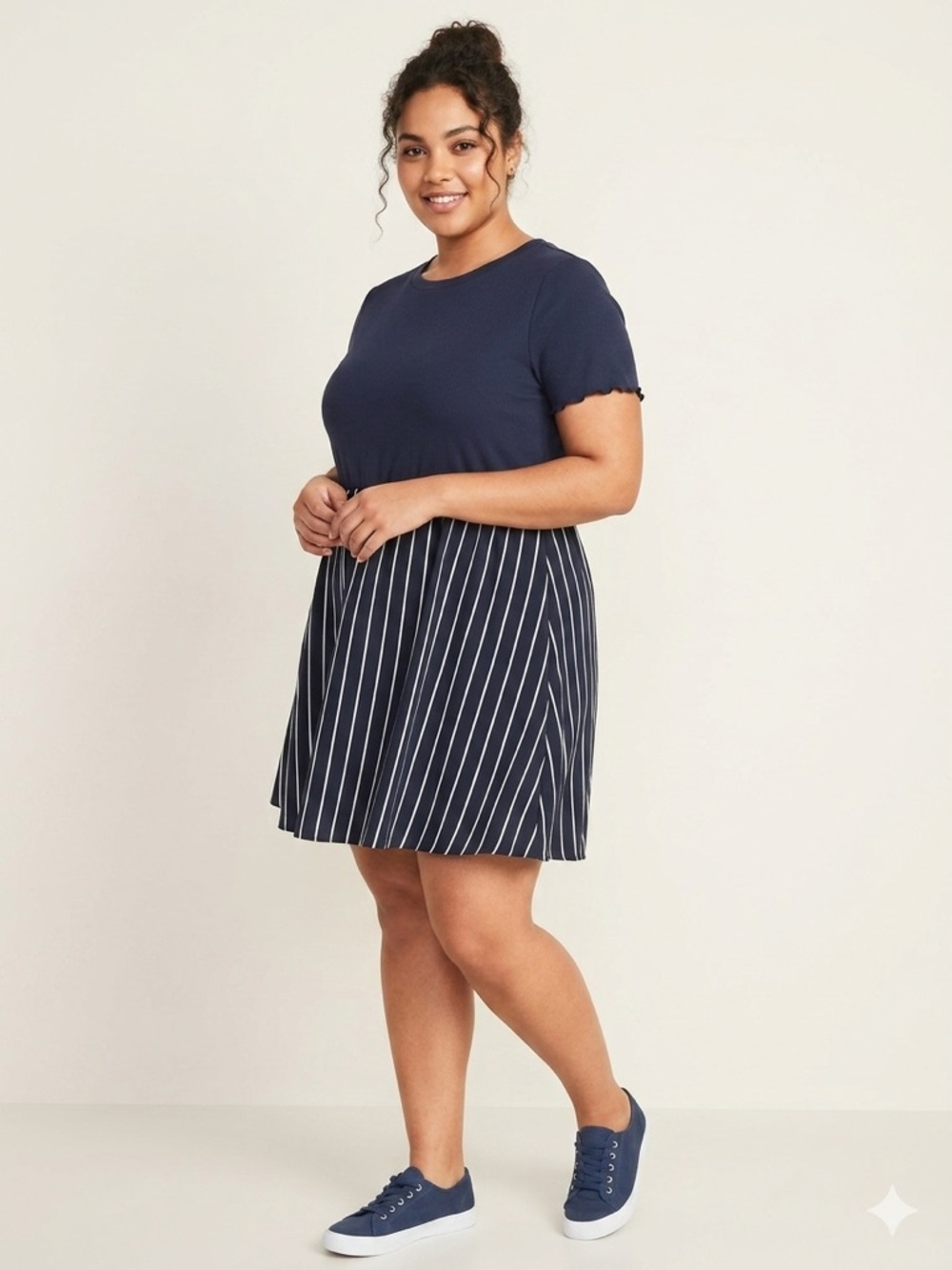 SHEIN CURVE Ribbed Bodice Navy Blue and White Striped Minidress